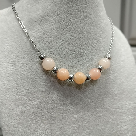 Peach Aventurine Necklace Natural Gemstone Beads Stainless-Steel Chain 20" - Picture 6 of 13